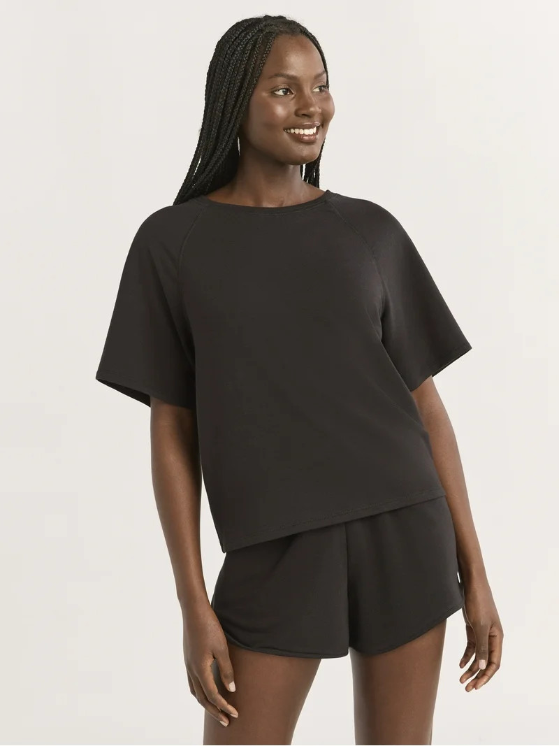 Joyspun Women's French Terry Short Sleeve Top and Shorts Set, 2-Piece, Sizes XS-3X | Walmart (US)