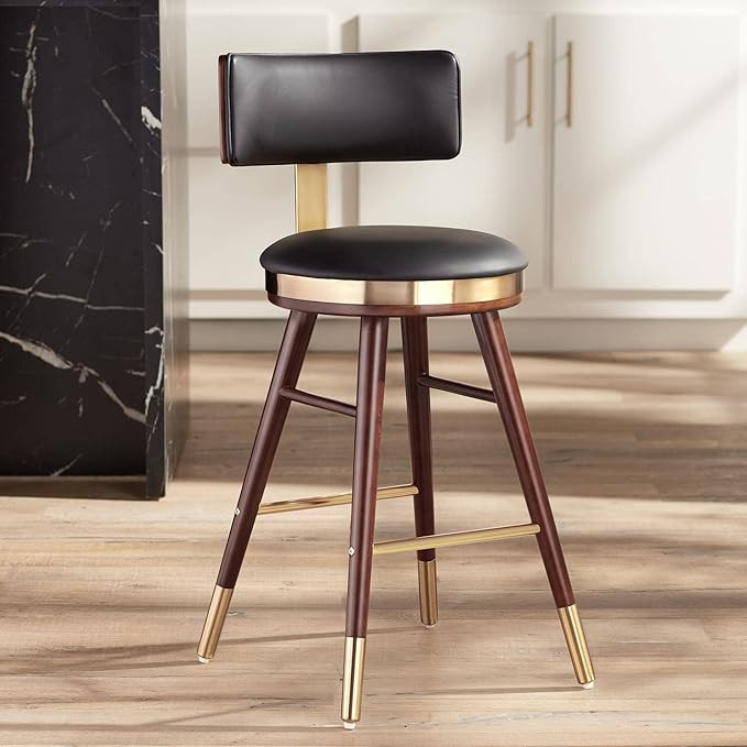 Parker Walnut Wood Gold Metal Swivel Bar Stool Brown 25 1/2" High Mid Century Modern Black Leathe... | Amazon (US)