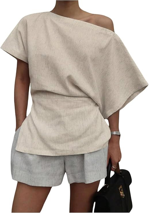 MakeMeChic Women's Summer Asymmetrical Tops Dolman Sleeve Blouse One Shoulder Split Hem Dressy Bl... | Amazon (US)