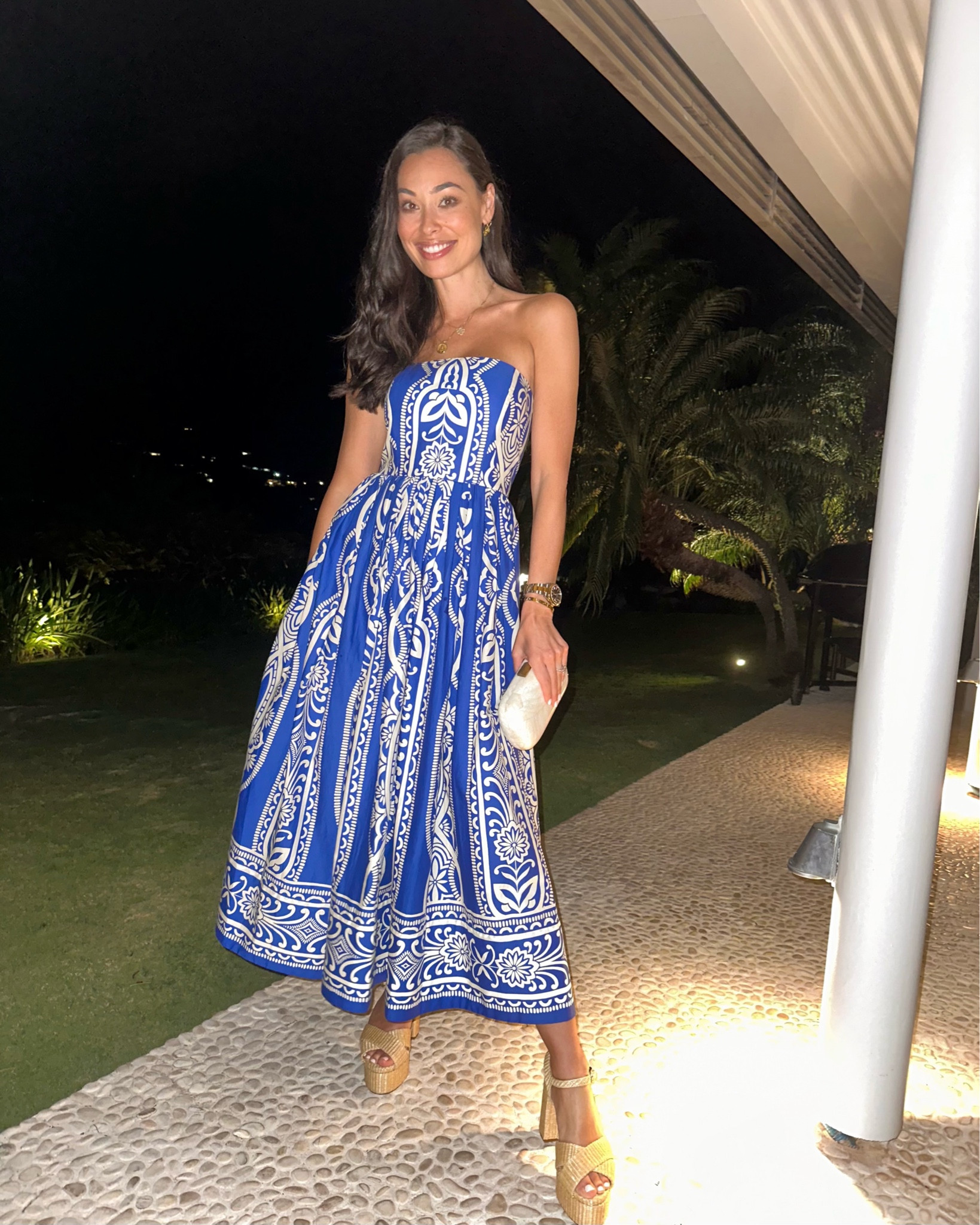 Blue and white floral dress, St. Barths, vacation outfit, spring break, midi dress, heels. 

I’m wearing my normal size 2, but if you’re unsure I would size up. 

#LTKParties #LTKShoeCrush #LTKSeasonal