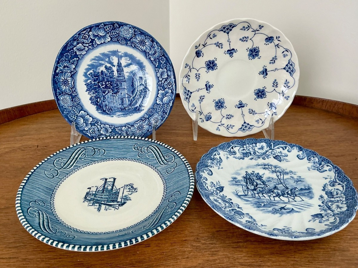 Vintage Mismatched China BLUE & WHITE Transferware SAUCERS ~ Set of 4 | eBay US