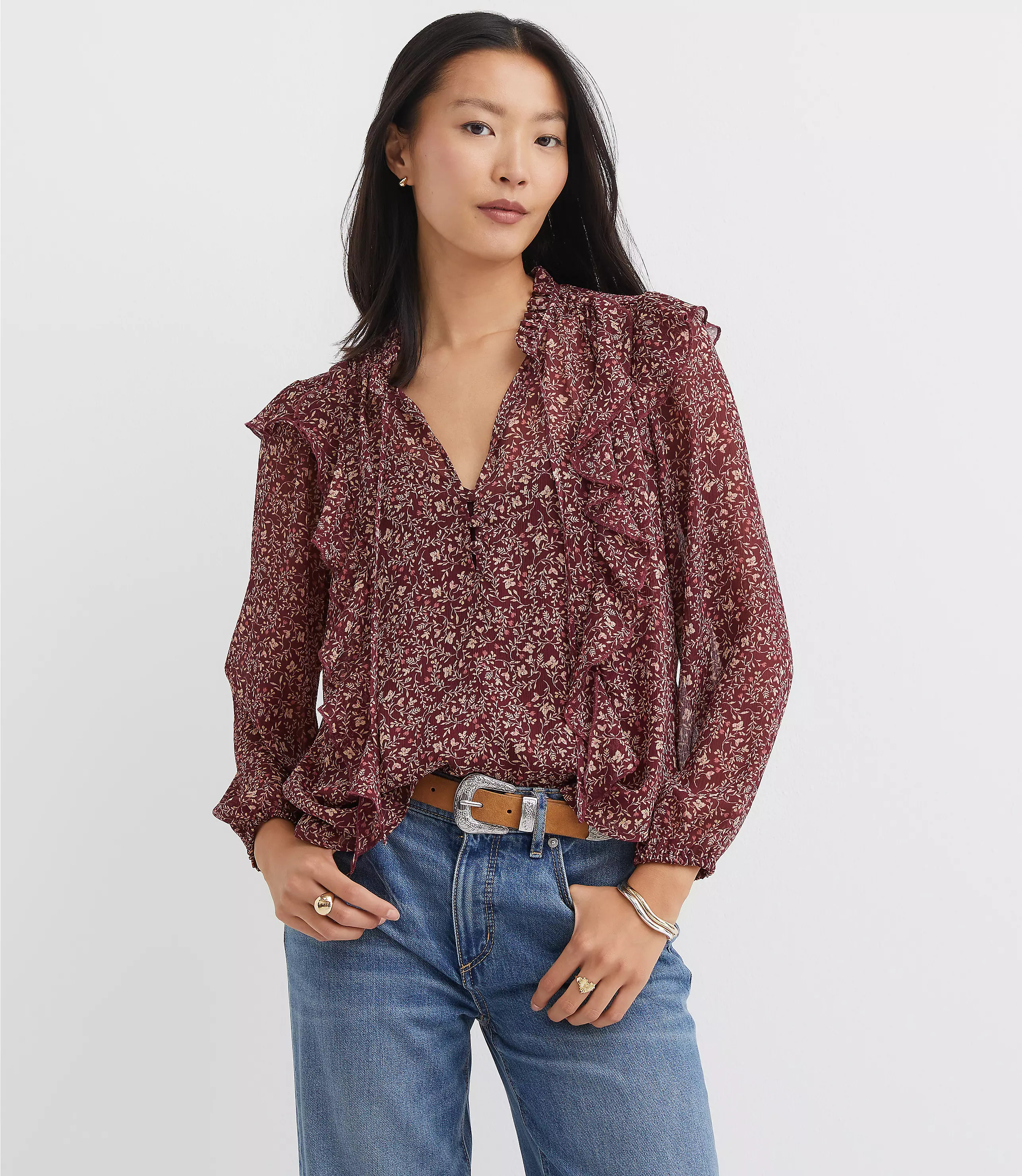 Floral Ruffle Button Tie Neck Blouse | LOFT