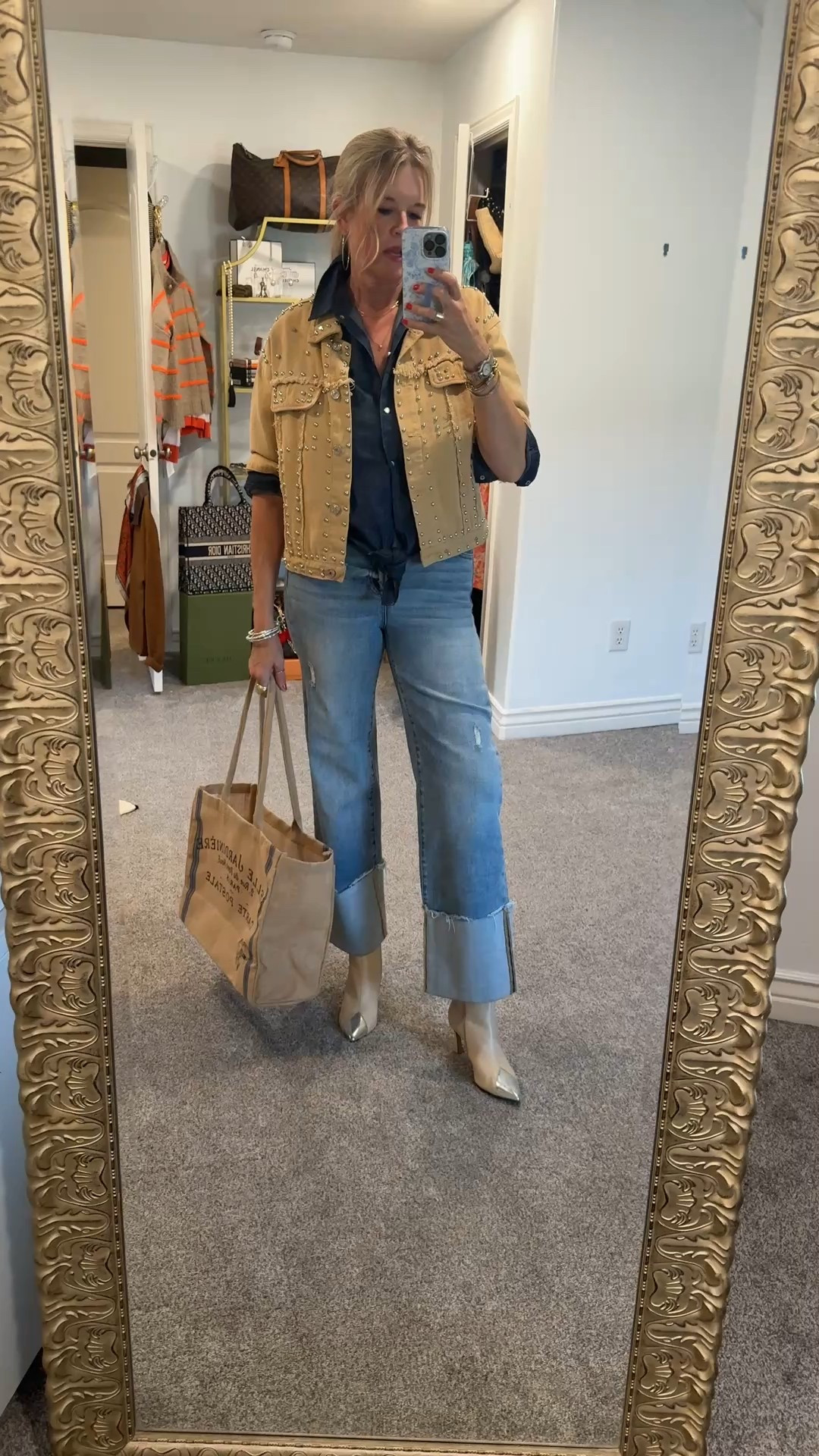 Fall deals your going to love✔️ 
Wear now & later🍂🍁

Best selling Risen jeans under $70 cuffed and flattering fit
 tts I am in a 27

Amazon find tie front denim shirt
Slightly cropped light weight and snap button tts I am in med and so affordable 

Studded denim jacket  tts 
And so lux looking really affordable Amazon find

Amazon French burlap tote 

Celina New York cap toe bootie 
Tts 

Silver Jenny bird hoop earrings 
 

#LTKOver40 #LTKFindsUnder50 #LTKStyleTip