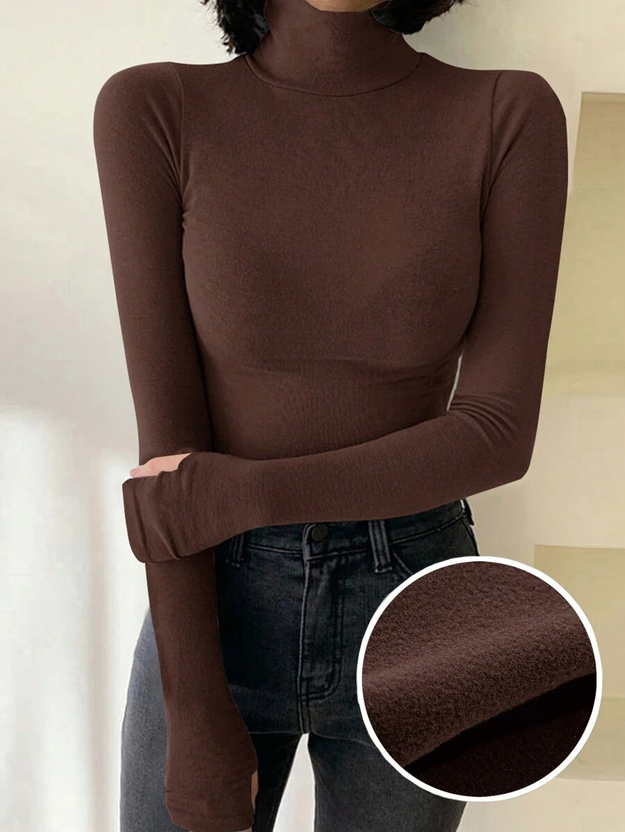 DAZY Women Autumn/Winter Casual Solid Color Turtleneck Form-Fitting Thermal Lined T-Shirt Long Sl... | SHEIN