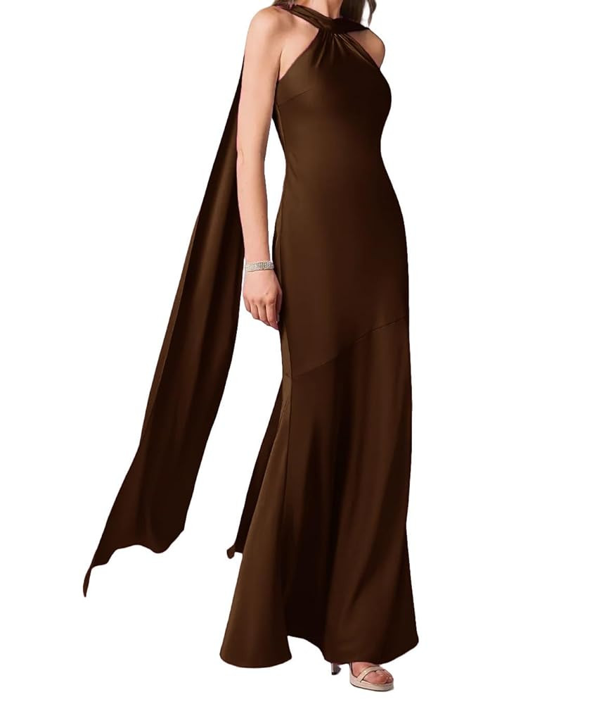 Women's Stretch Satin Halter Bridesmaid Dresses with Slit Mermaid Long Formal Evening Prom Gowns | Amazon (US)