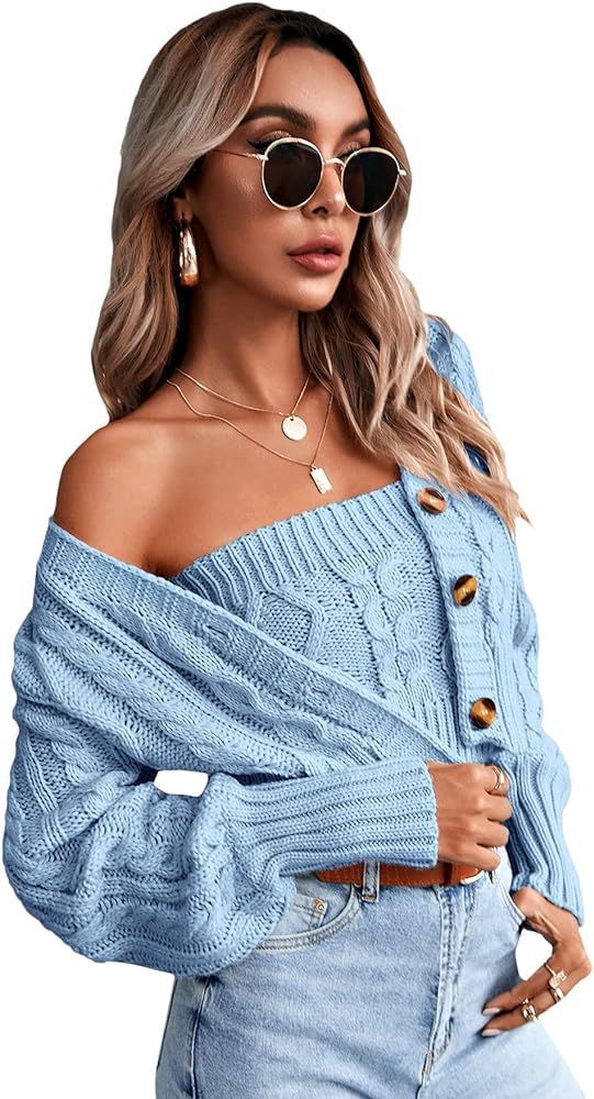 Romwe Women's Loose Long Sleeve Knit Button Down Cardigan Sweaters 2 Pieces Sweatshirt Pullove Crop  | Amazon (US)