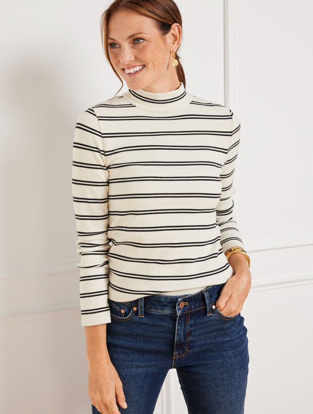 Ribbed Mockneck Tee - Emilia Stripe | Talbots