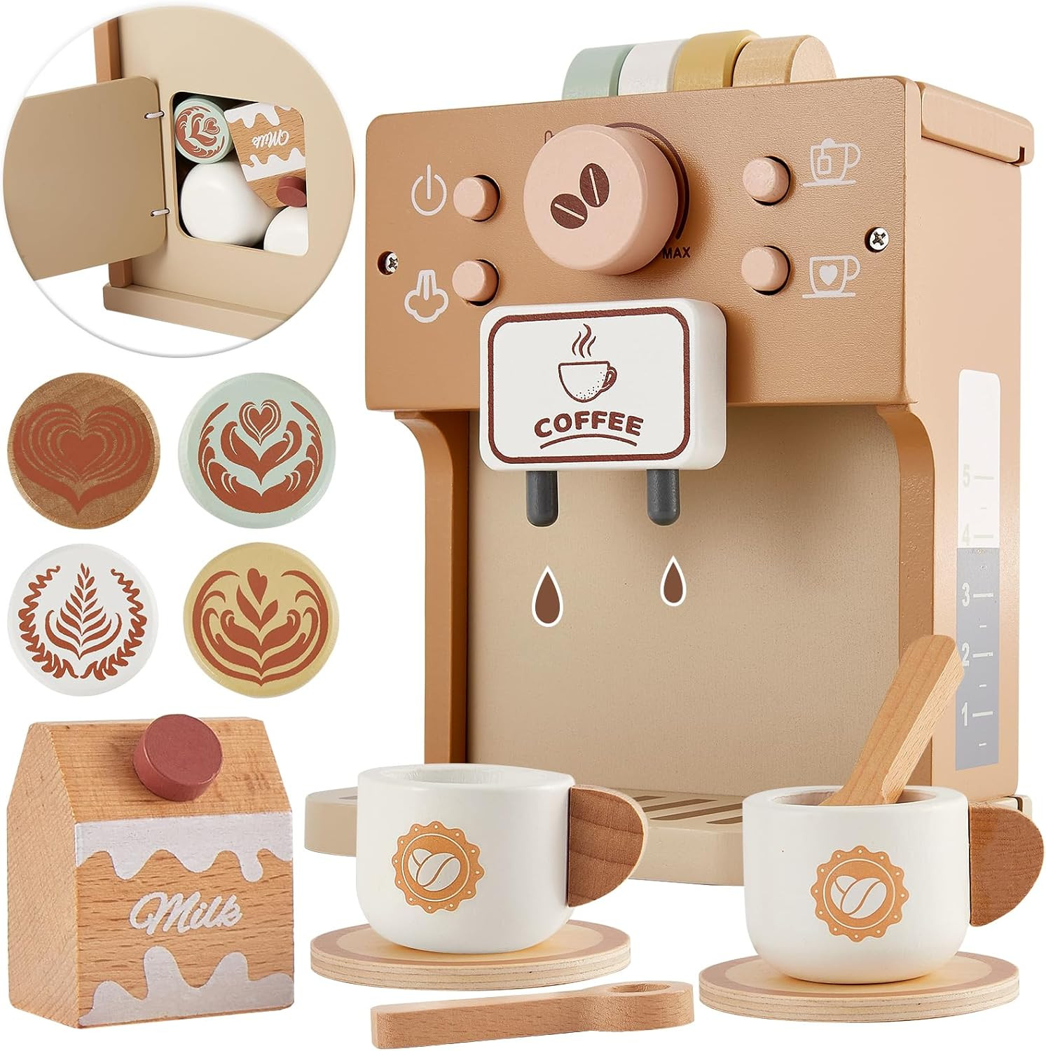 BUYGER Kids Wooden Coffee Machine Toy, Pretend Play Kitchen Appliances Accessories Coffee Playset... | Amazon (UK)