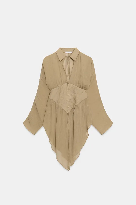 ZARA WOMAN COLLECTIONShirt with a regular collar and fluid long sleeves. Features a sash detail i... | Zara NL