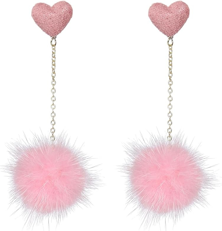 Cute Heart Shaped Pom Pom Earrings For Ladies Pom Pom Pendant Earrings Party Jewelry Gifts | Amazon (US)