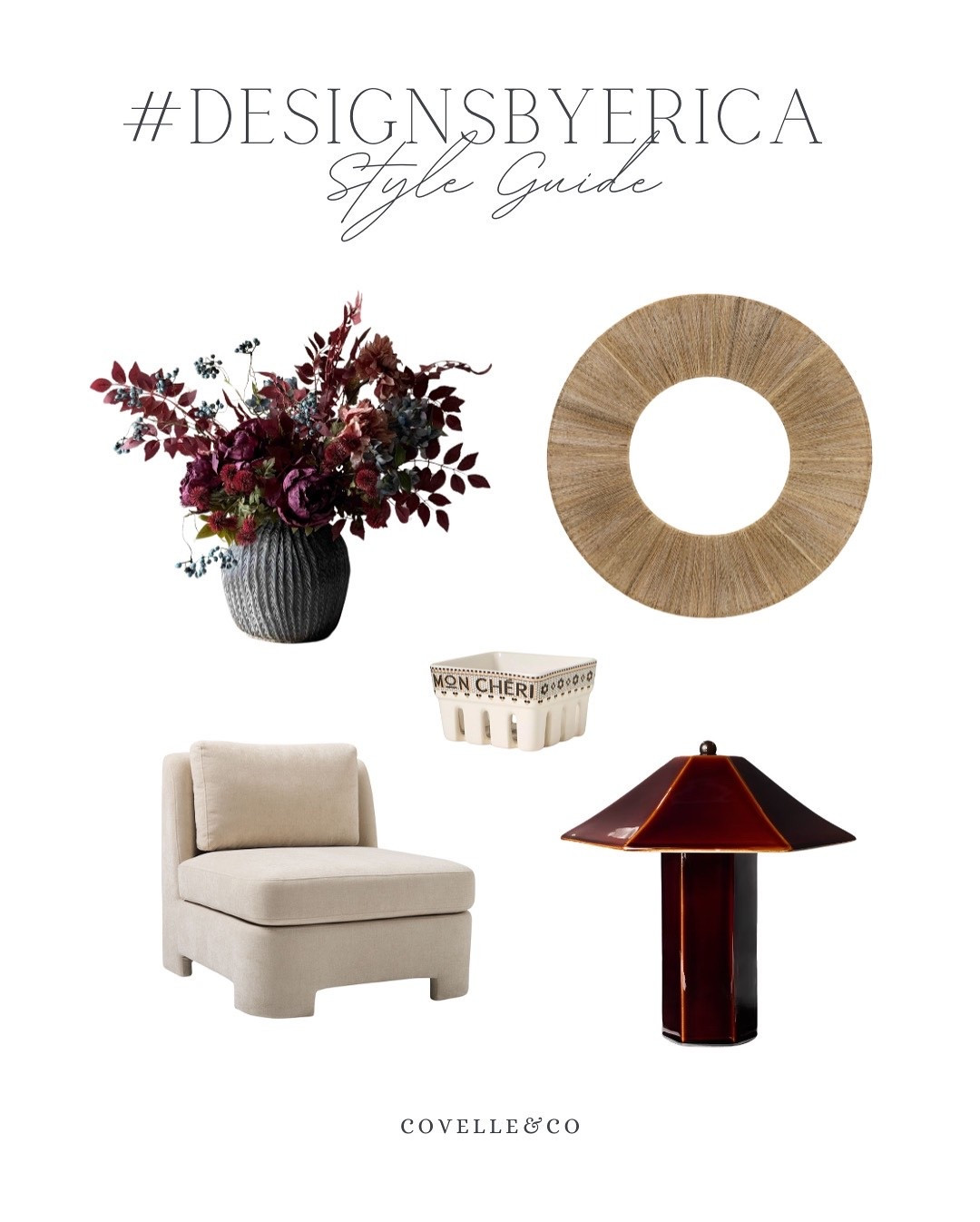 ✨ Moody, Maroon & Made for You ✨
Romanticize your space this season with rich burgundy tones, warm textures, and a curated collection of cozy-luxe favorites from the latest #DesignsByErica Style Guide. 🍷🌹

This look is all about blending bold elegance with everyday comfort:
💐 A burgundy faux floral arrangement that brings the drama
🪞 A woven circle mirror from Pottery Barn for texture and balance
💡 A maroon-washed lamp from Target for soft, ambient lighting
🪑 A cozy West Elm side chair that anchors the space
🧺 And the perfect finishing touch—Anthropologie’s bistro tile stoneware basket

Whether you're styling a reading nook or revamping your entryway, this palette delivers depth, dimension, and a whole lot of main character energy. 💫

📌 Save this post for your next design refresh
🛍️ Shop the look via the link in bio
👀 Want help bringing it all together? DM us today.

#CovelleAndCo #DesignsByErica #InteriorDesignInspo #MoodyHomeVibes #BurgundyDecor #CozySpaces #HomeStylingTips #PotteryBarnStyle #TargetHome #WestElmVibes #AnthropologieFinds #RomanticInteriors #FallDecorTrends #RealEstateAndDesign #StyledByErica #MaroonAesthetic #ModernHomeDecor

#LTKHome #LTKStyleTip #LTKSummerEdit