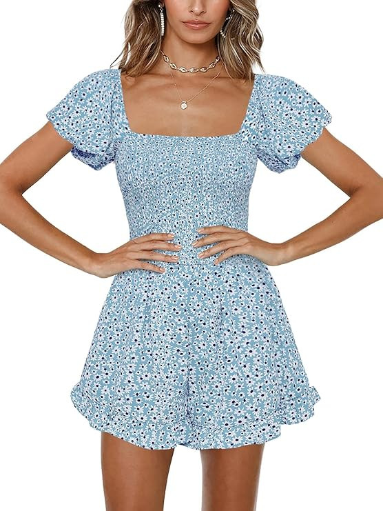Amazon.com: Jeanewpole1 Womens Floral Wide Leg Short Rompers Shirred Ruffle Sleeve Jumpsuit : Clo... | Amazon (US)
