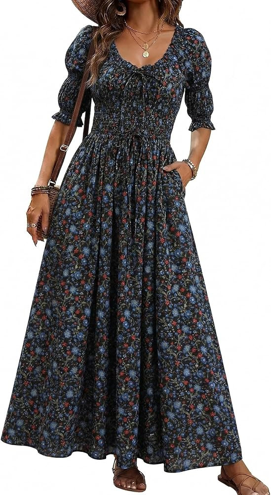 Women's Summer Puff Sleeve Maxi Dress Scoop Neck Smocked Tie Ruffle A Line Long Flowy Beach Dress... | Amazon (US)