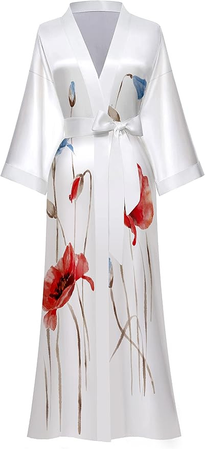 EORUBE Long Kimono Robe Women Cover Up Print Floral Satin Sleepwear Silky Bathrobe Bachelorette R... | Amazon (UK)