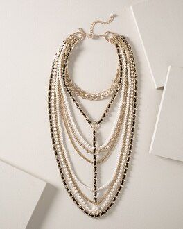GOLDTONE CHAIN WITH PEARL AND LEATHER STATEMENT NECKLACE | White House Black Market