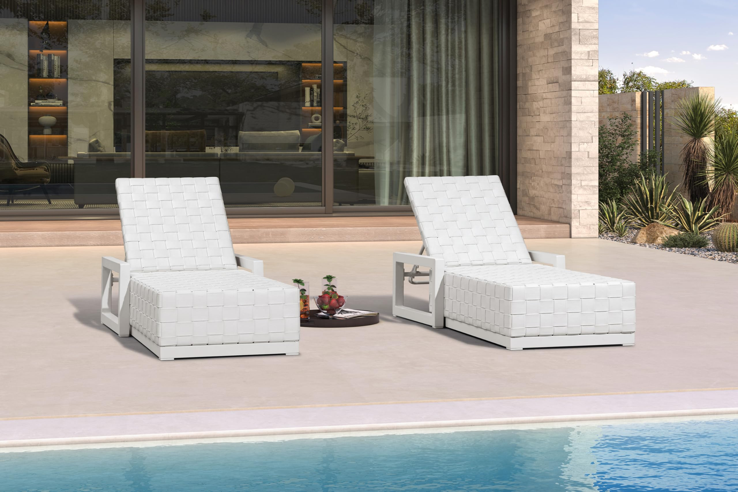 PURPLE LEAF Outdoor Chaise Lounge Set of 2, PU Leather Patio Lounge Chair Aluminum Pool Lounge Chairs with 5-Position Adjustable Backrest for Pool, Deck, Garden, Sunbathing, White | Amazon (US)