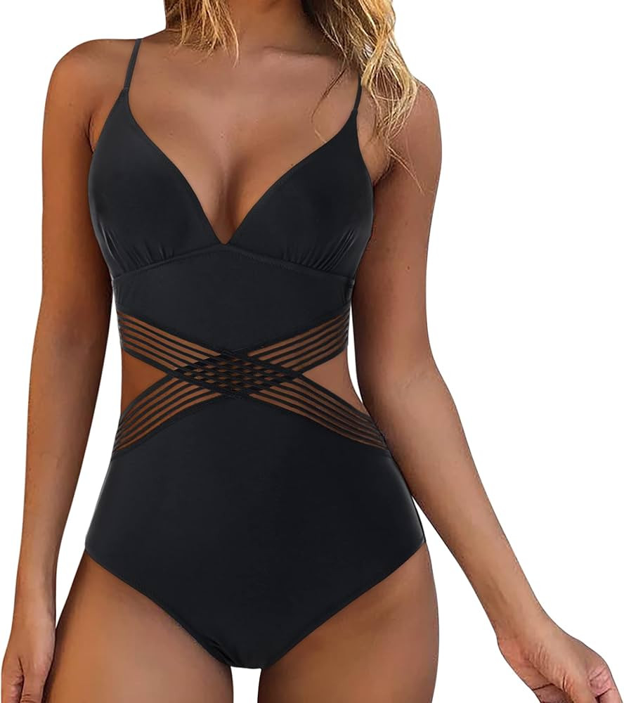 RXRXCOCO Women Front Cross Cutout One Piece Swimsuit Tummy Control High Waisted Monokini Bathing Sui | Amazon (US)