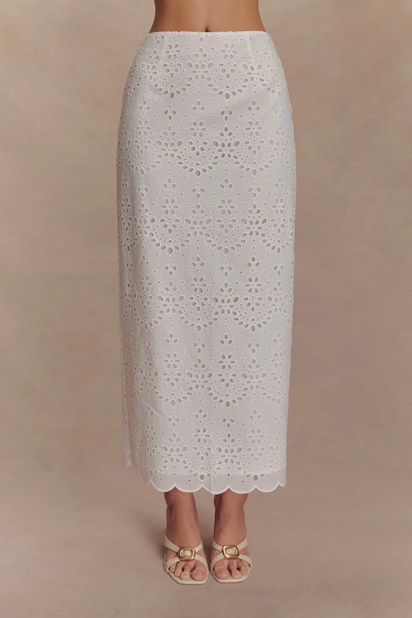 Kensley Broderie Midi Skirt - White | MESHKI US