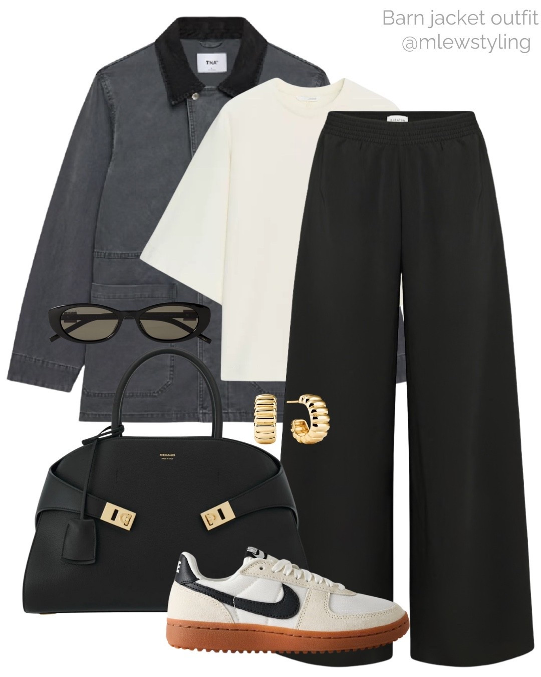 Chic outfit for early fall with an aritzia chore jacket 🖤

Tags: barn cost, wide leg black pants, Ferragamo hug bag, Nike sneakers, Gucci sunglasses, Mejuri gold hoop earrings, neutral aesthetic, capsule wardrobe 

#LTKShoeCrush #LTKItBag #LTKStyleTip
