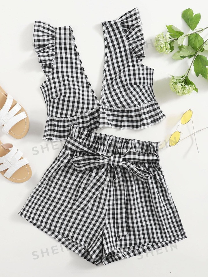 SHEIN Frenchy Gingham Ruffle Trim Tie Back Top & Paperbag Waist Belted Shorts Set | SHEIN