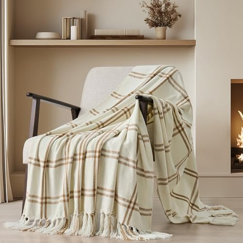 EVERGRACE Plaid Chenille Throw Blanket for Couch, Super Soft Cozy Decorative Windowpane Grid Plaid Throw with Tassels, Lightweight Chenille Knit Throw for Bed Sofa Gift, Cream & Beige 50"x60" | Amazon (CA)