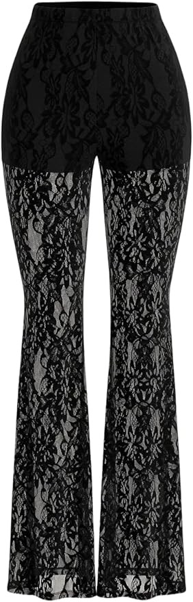 GORGLITTER Women's Lace Bell Bottom Pants Mesh Flare Leg High Waisted Sheer Sexy Goth Leggings Tr... | Amazon (US)