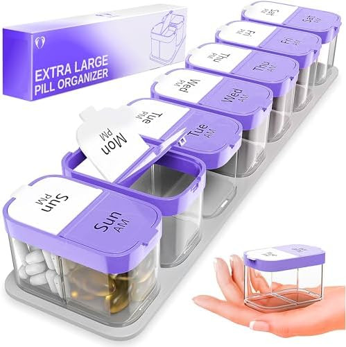 Extra Large Weekly Pill Organizer - XL Vitamin Holder with 7 Detachable AM PM Compartments - Port... | Amazon (US)