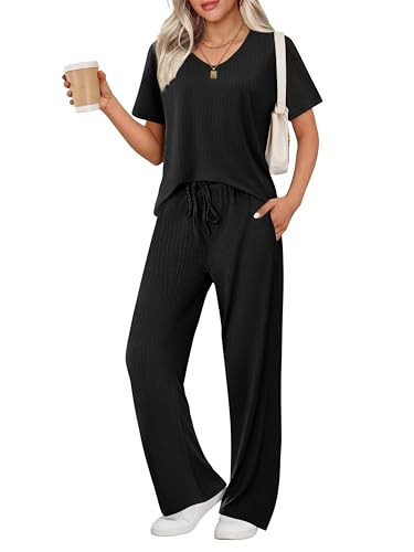 Ekouaer Women's 2 Piece Lounge Set Casual Summer Outfits Ribbed Short Sleeve & Wide Leg Pants Matching Set for Travel Home | Amazon (US)