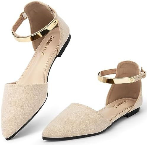 Zelaprox Women's Black Pointed Toe Flats Rhinestone Bow Ankle Strap Ballet Flats Comfortable Slip... | Amazon (US)