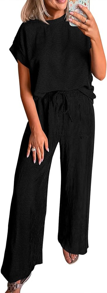 KIRUNDO 2 Piece Sets for Women Dressy Casual Ribbed Knit Short Sleeve Tops Wide Leg Pants Lounge ... | Amazon (US)