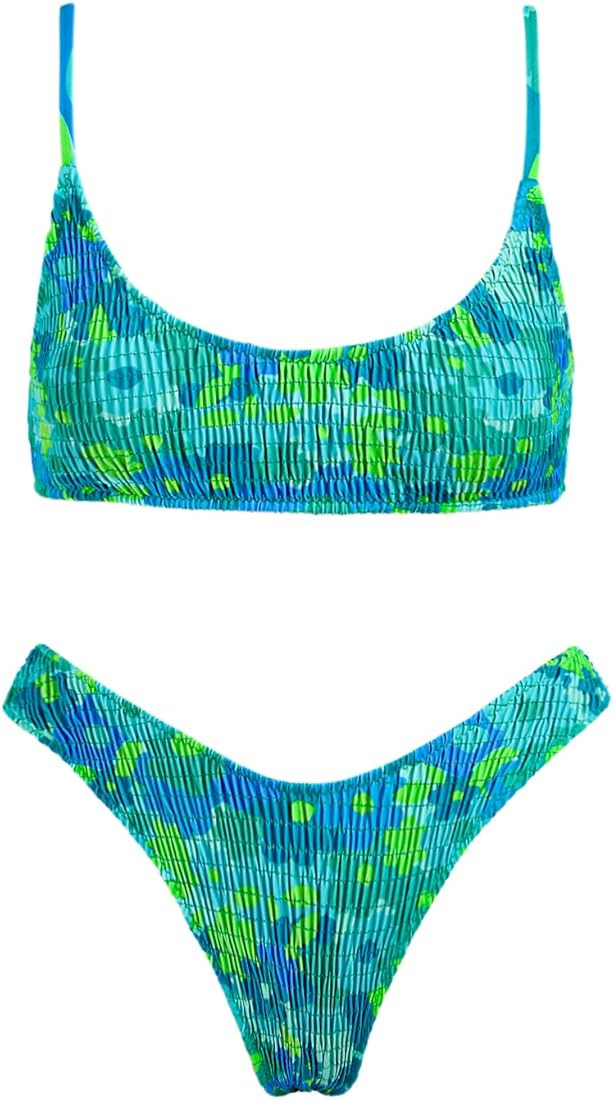 VOLAFA Women's Triangle Bikini Smocked Textured Scoop Frilled Print Ruched Elastic Swimsuit Two P... | Amazon (US)