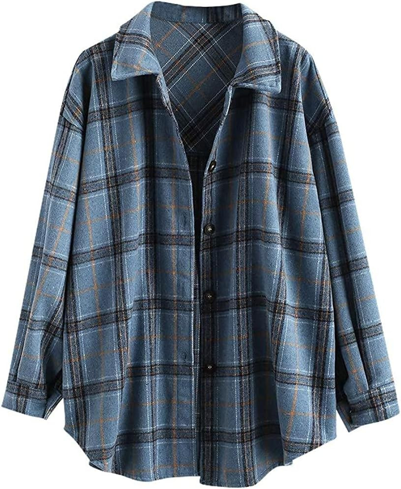 ZAFUL Women's Plaid Long Sleeve Shirt Button Down Thin Jacket Casual Flannel Plaid Shacket with Pocket | Amazon (US)