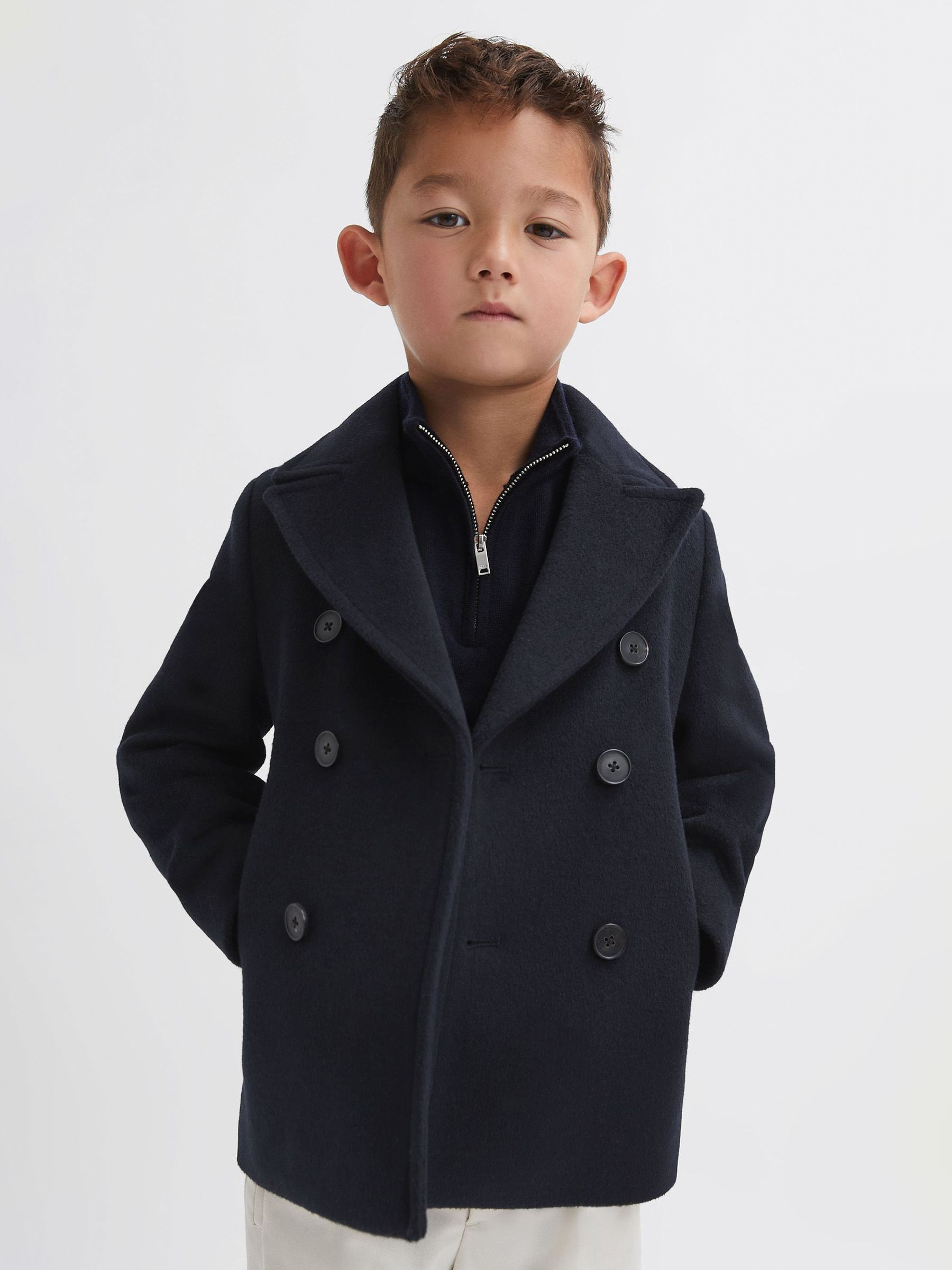 Reiss 9-14 yrs Wool Blend Double Breasted Peacoat in Navy - REISS | Reiss UK
