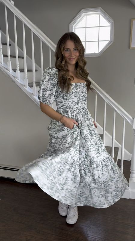 Prettiest dress for spring/summer! Would be super cute as a wedding guest dress, or date night outfit, etc! Can be worn casually or dressed up 

Sizing-
Dress - size small
Sneakers - sized down half a size 

#LTKfindsunder50 #LTKsalealert #LTKfindsunder100