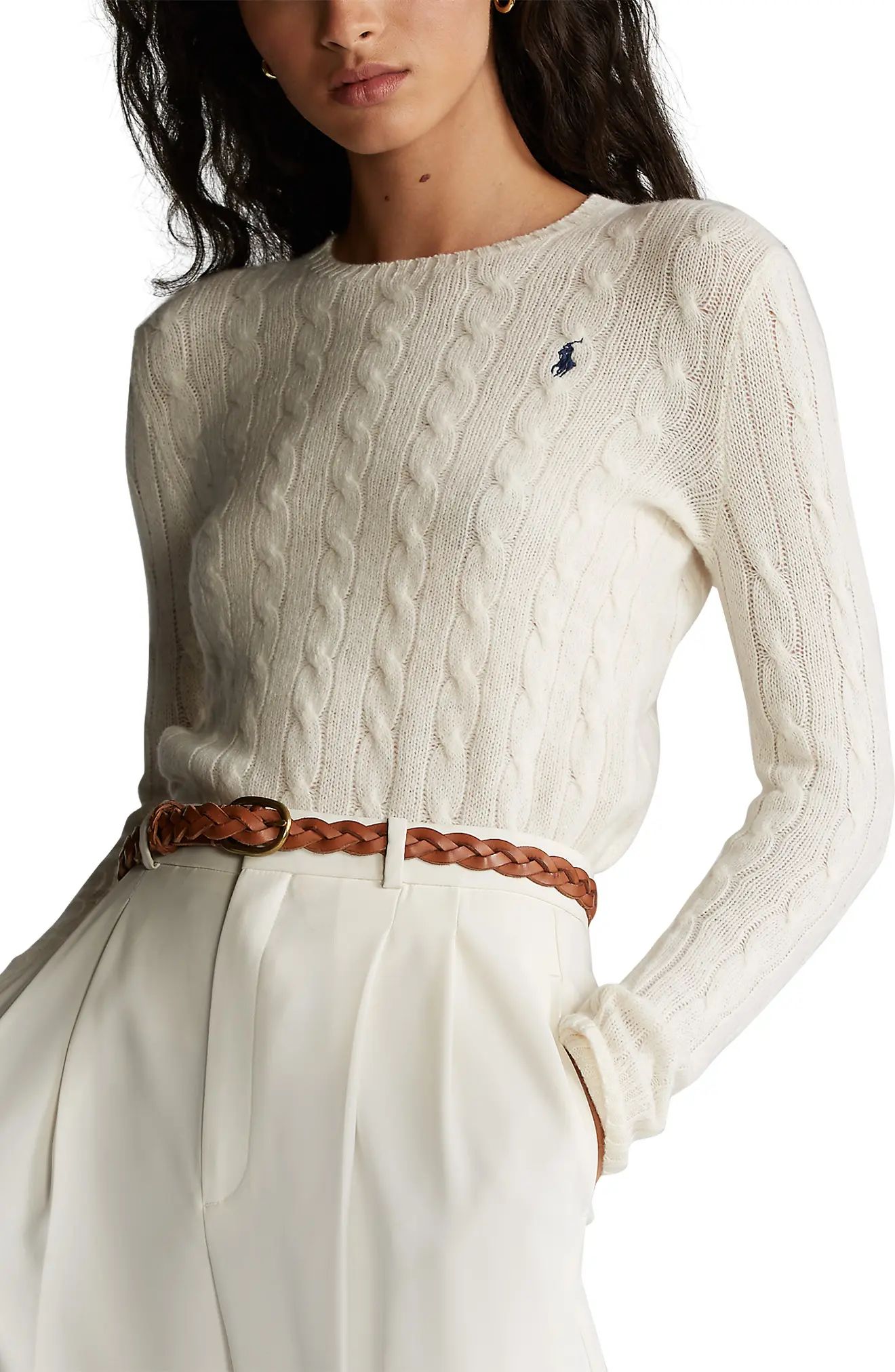 Polo Ralph Lauren Julianna Wool & Cashmere Cable Sweater, Size Large in Cream at Nordstrom | Nordstrom