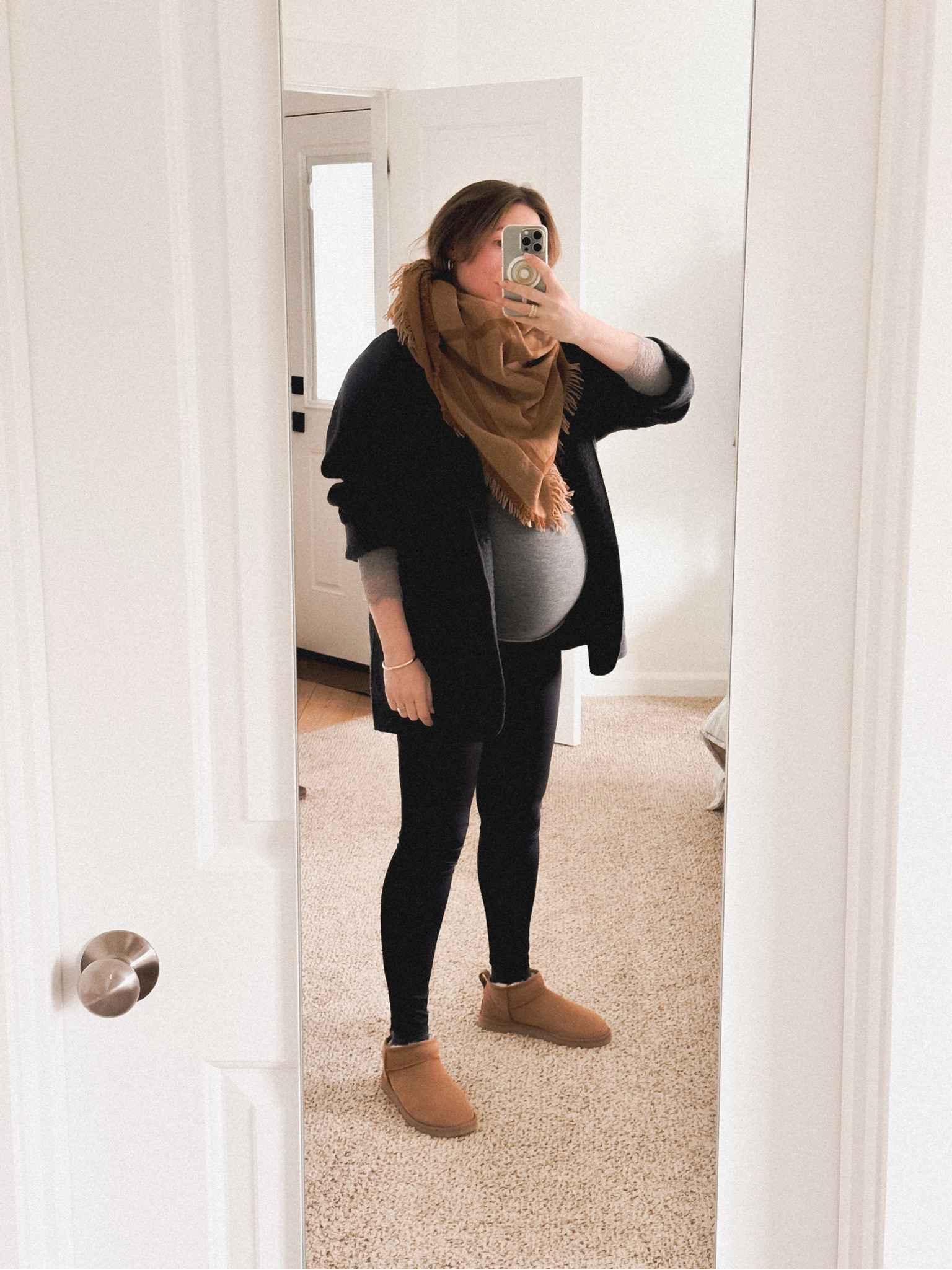 36 weeks of pregnancy, ❄️🎄 Winter wonderland outside so I’ll be staying home today and maybe going for a quick drive and that’s it! Wearing Classic Ultra Mini Shearling Bootie in Chestnut, Intimissimi modal cashmere ultralight long sleeve top, Toteme monogram wool and cashmere scarf, Buck Mason felted wool chore coat, H&M maternity leggings. 

#LTKBump #LTKSeasonal #LTKGiftGuide