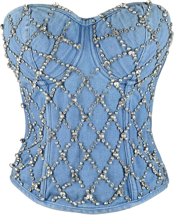 ELLACCI Women's Denim Rhinestone Corset Top Sexy Club Party Jean Bodysuit | Amazon (US)