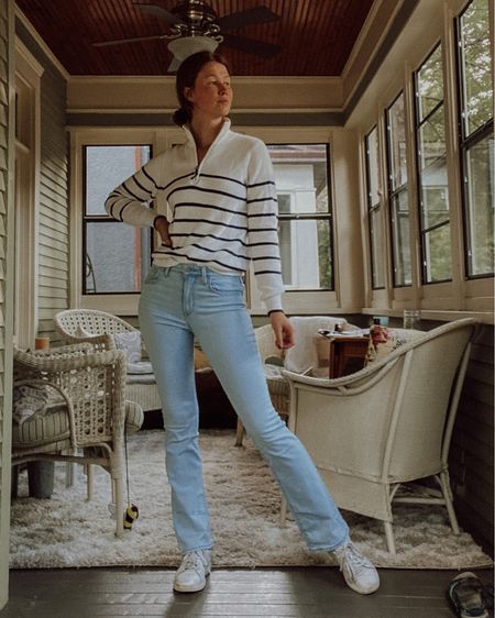 Fall outfit, monochrome minimalist, casual outfit, striped sweater, light wash jeans, flared jeans, Levi’s jeans, 725 jeans

#LTKstyletip