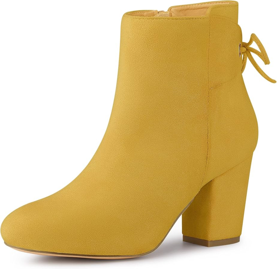 Allegra K Women's Round Toe Block Heel Zipper Lace Up Ankle Boots | Amazon (US)
