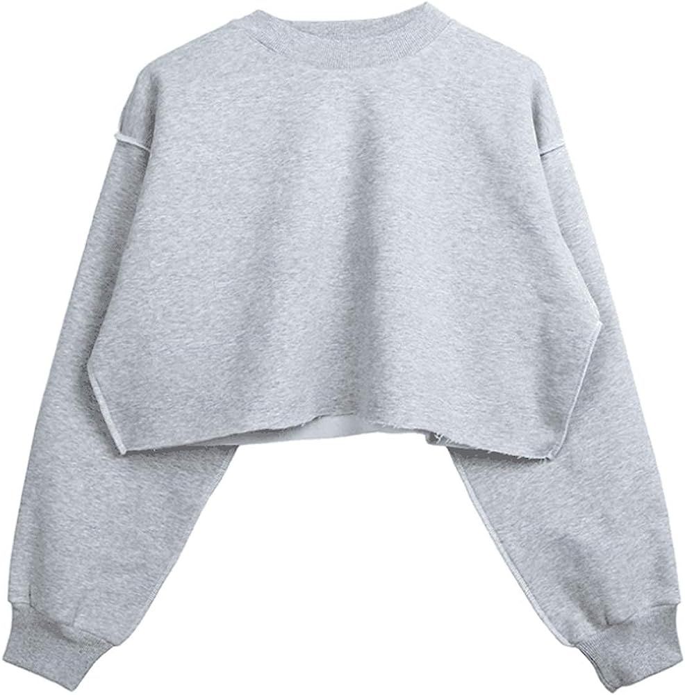 Yimoon Women's Loose Casual Fleece Lined Long Sleeve Crop Top Pullover Sweatshirts | Amazon (US)