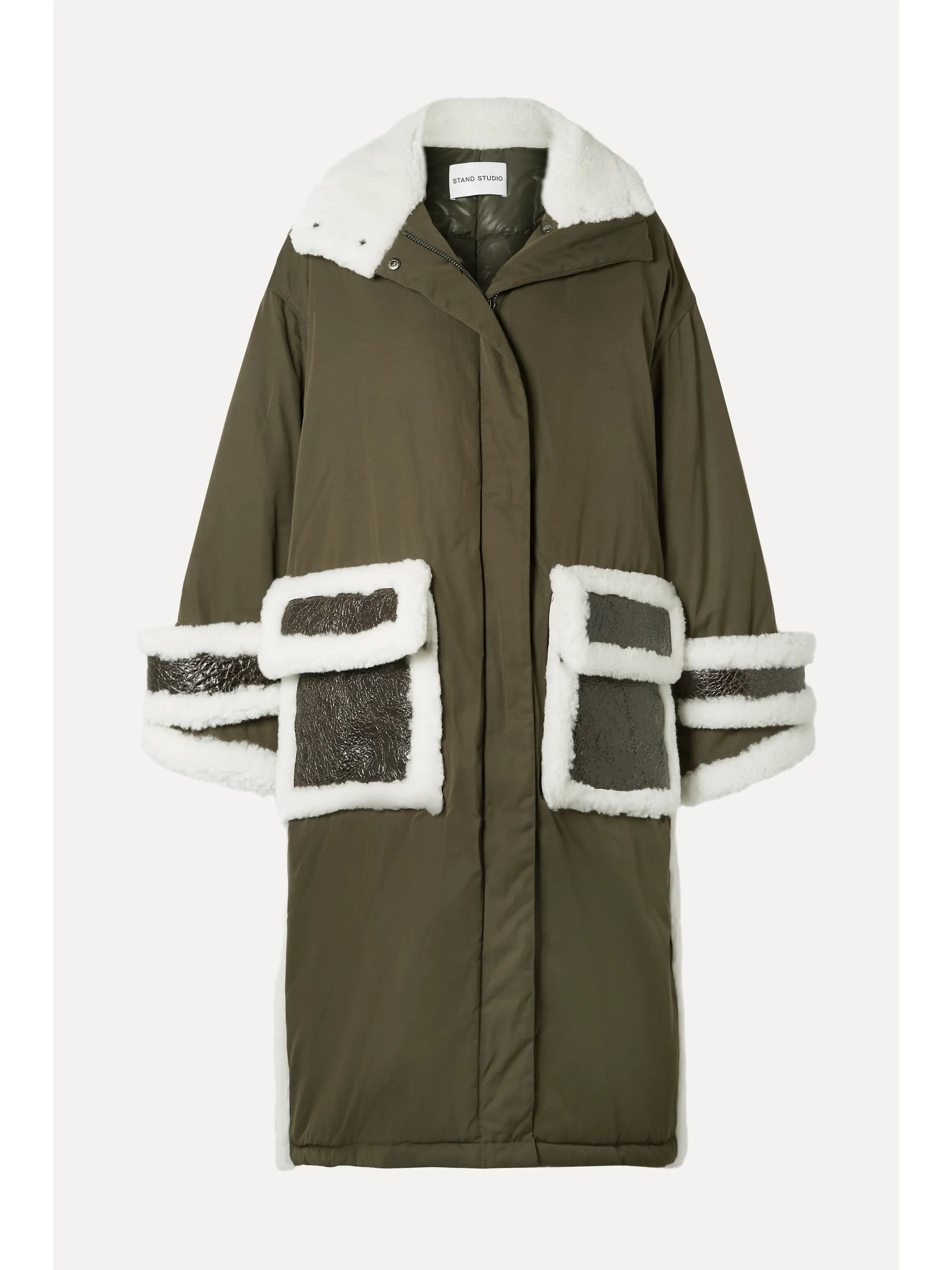 Army green Adira oversized textured-leather and shearling-trimmed shell parka | Stand Studio | NE... | NET-A-PORTER (US)