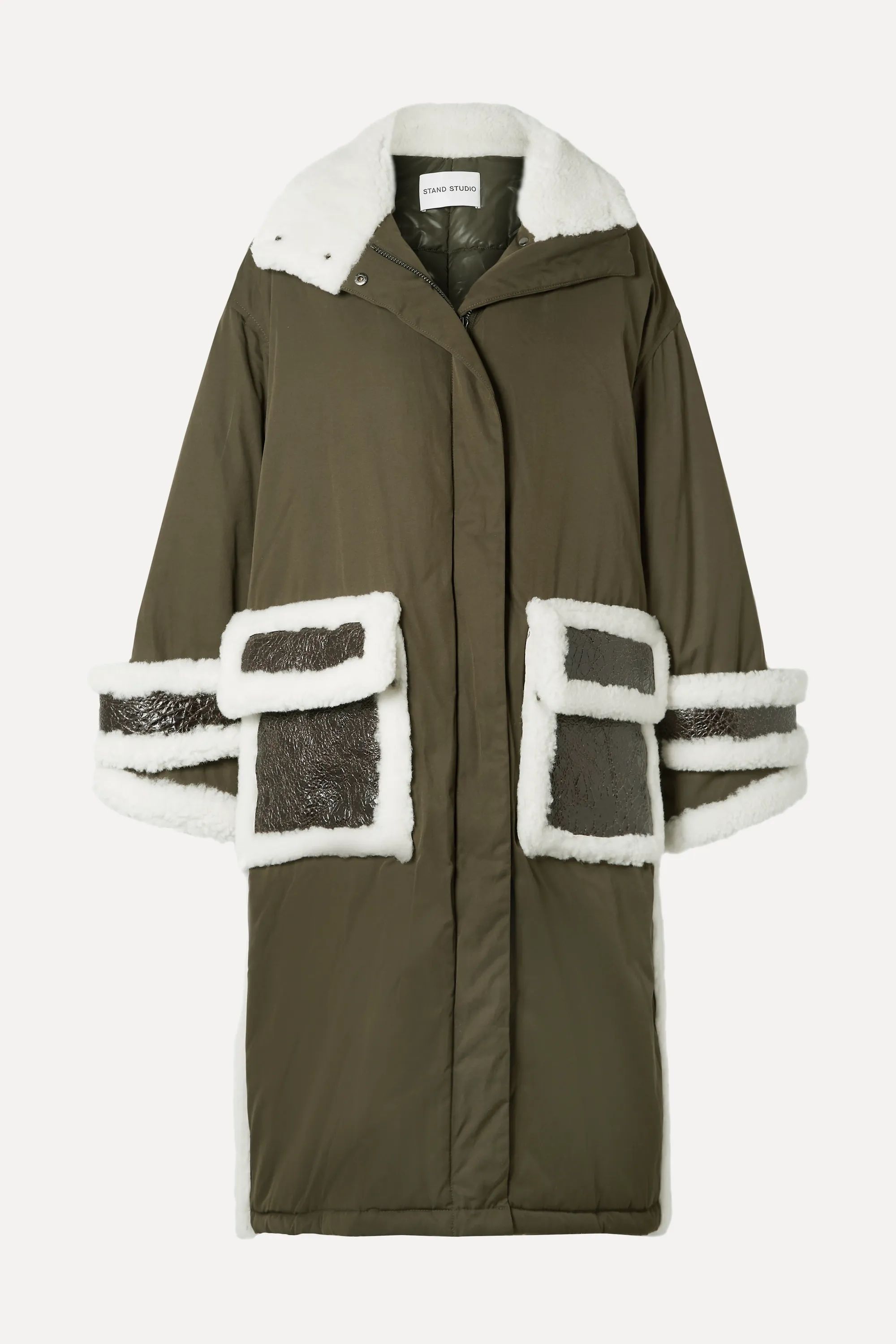 Army green Adira oversized textured-leather and shearling-trimmed shell parka | Stand Studio | NE... | NET-A-PORTER (US)