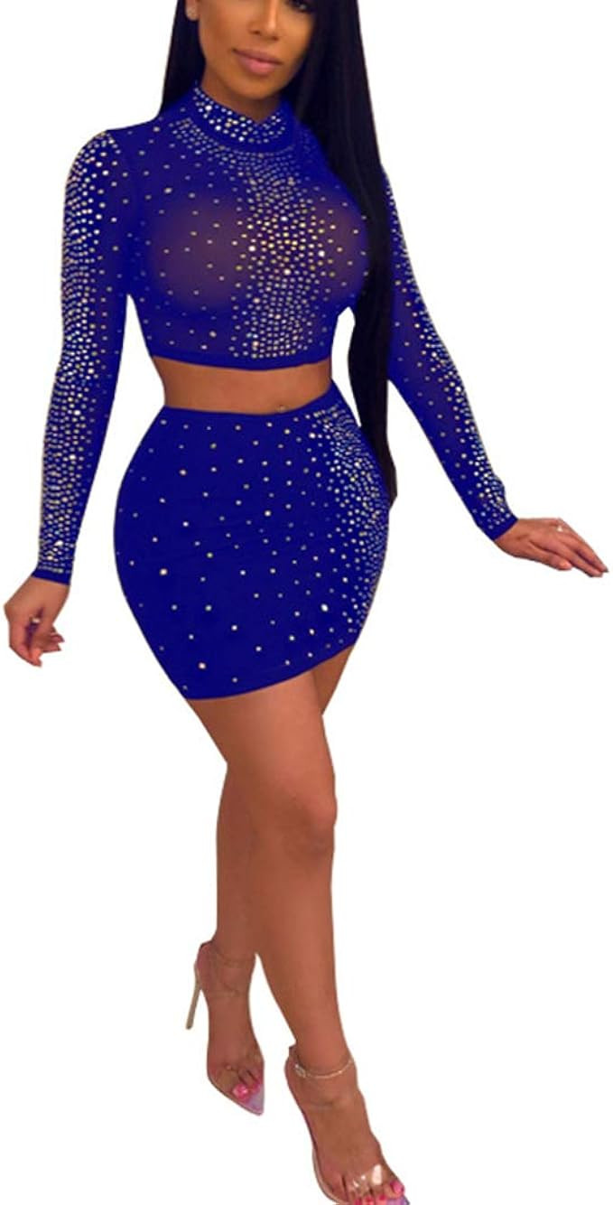 Women's Nightclub Sexy Sheer Mesh See Through Rhinestone Bodycon Sequins Club Dress | Amazon (US)