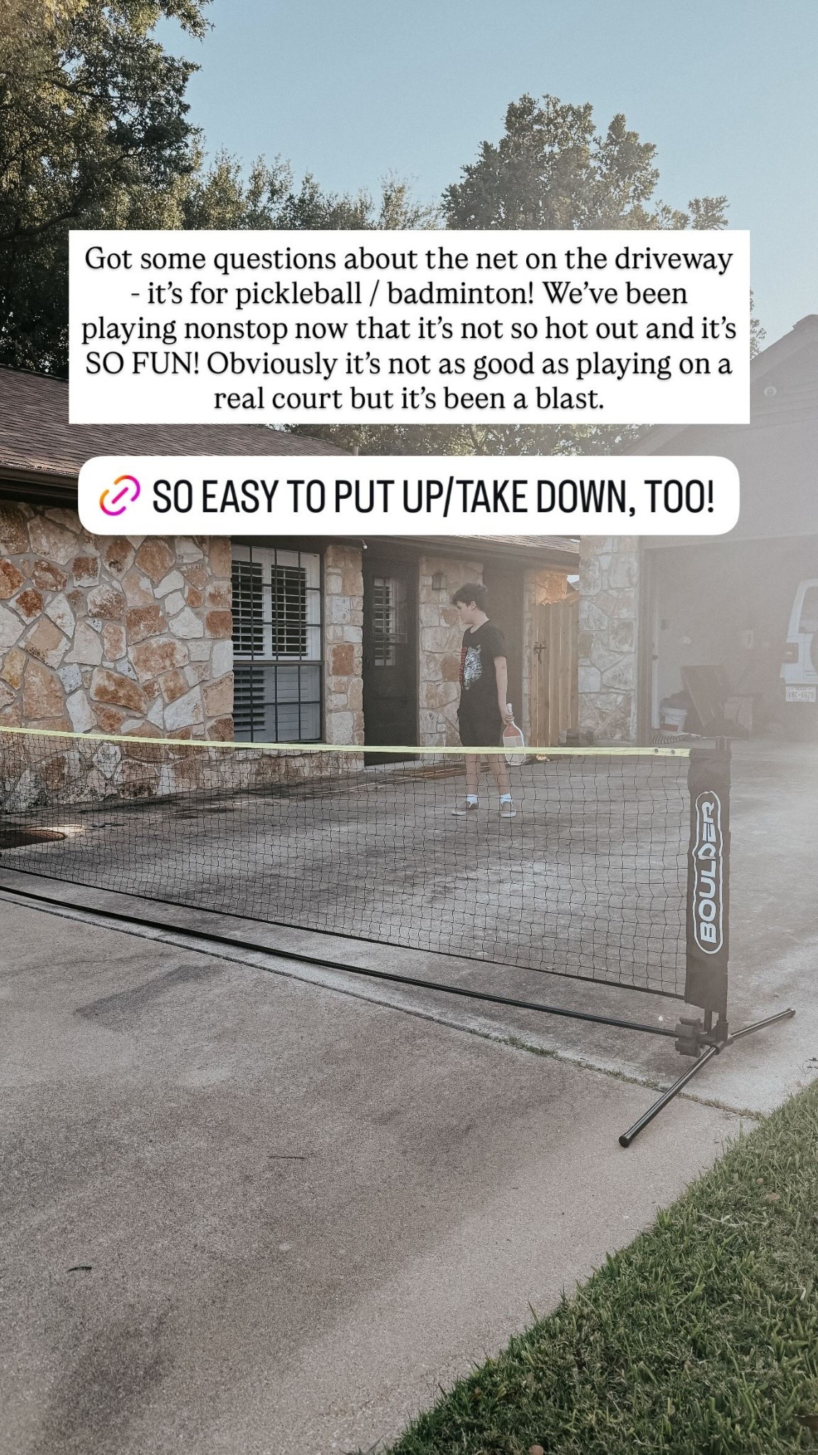 Got some questions about the net on the driveway - it’s for pickleball / badminton! We’ve been playing nonstop now that it’s not so hot out and it’s SO FUN! Obviously it’s not as good as playing on a real court but it’s been a blast.