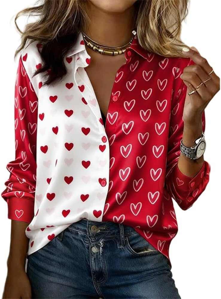 Valentines Day Outfit Women 2026 Long Sleeve Button Down Satin Shirts Cute Heart Print Date Night... | Amazon (US)
