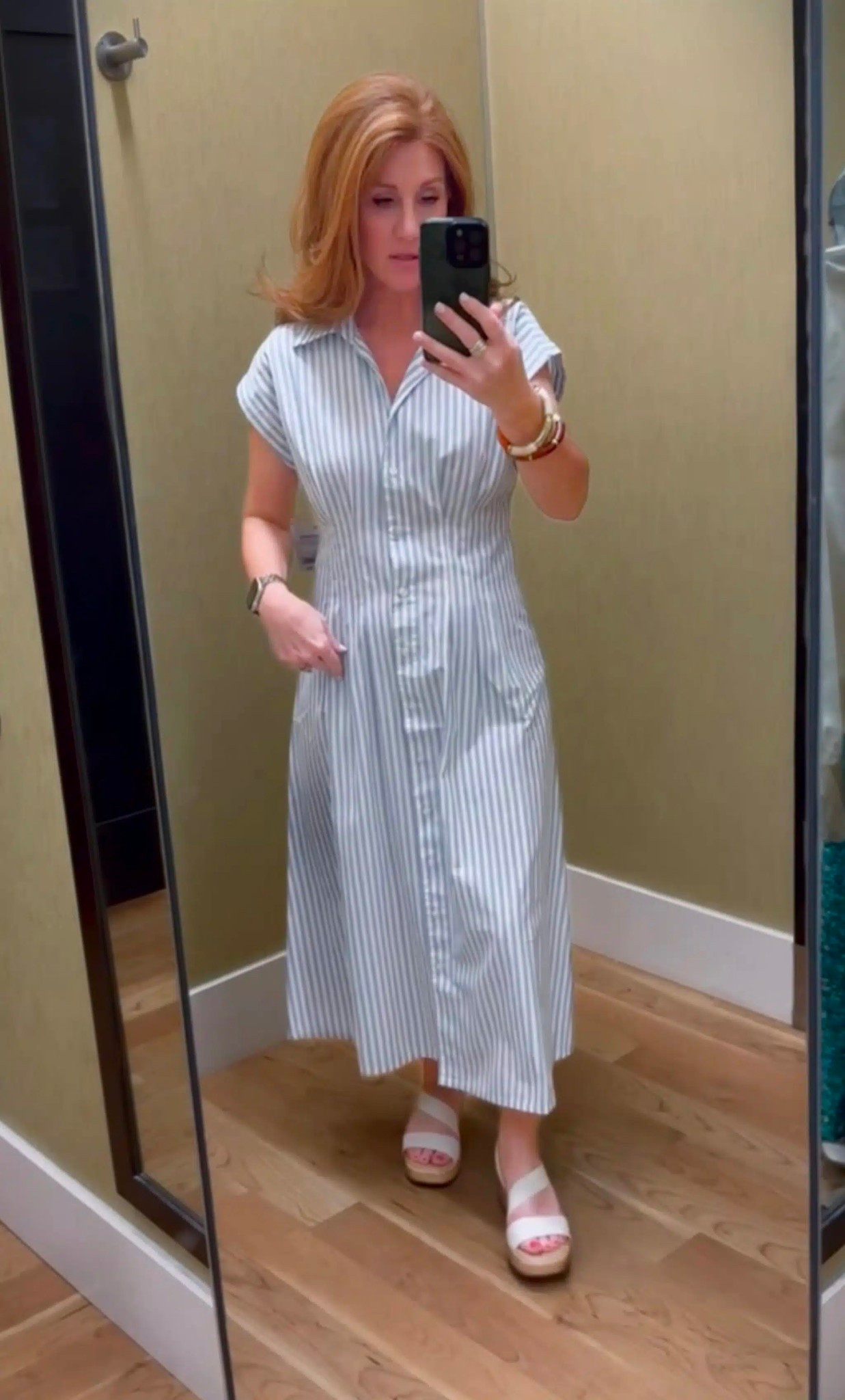 This striped shirt dress is a great option for Spring and Summer! It also comes in a butter yellow color which is trending for Spring. Stephanie is 5’3 and wearing an xsmall dress and size 6.5 in the sandals. 

#LTKPetite #LTKOver40 #LTKWorkwear