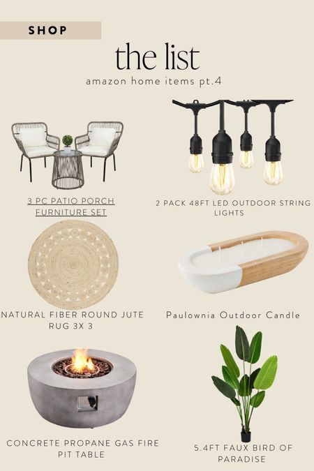 Amazon home: Patio furniture set, outdoor string lights, round jute rug, outdoor candle, gas fire pit, faux bird of paradise

#LTKhome