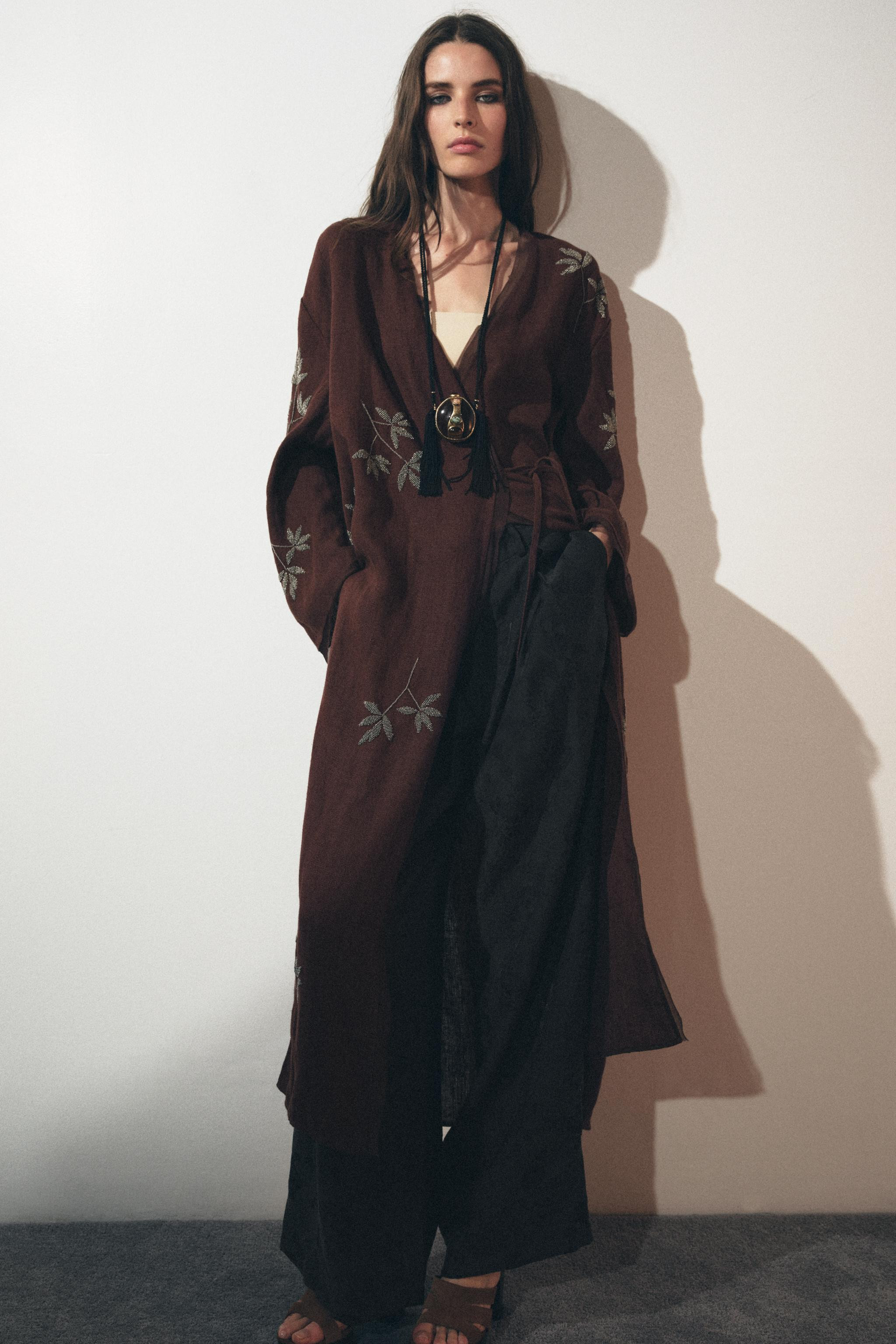 ZW COLLECTION EMBROIDERED LINEN KIMONO | Zara UK