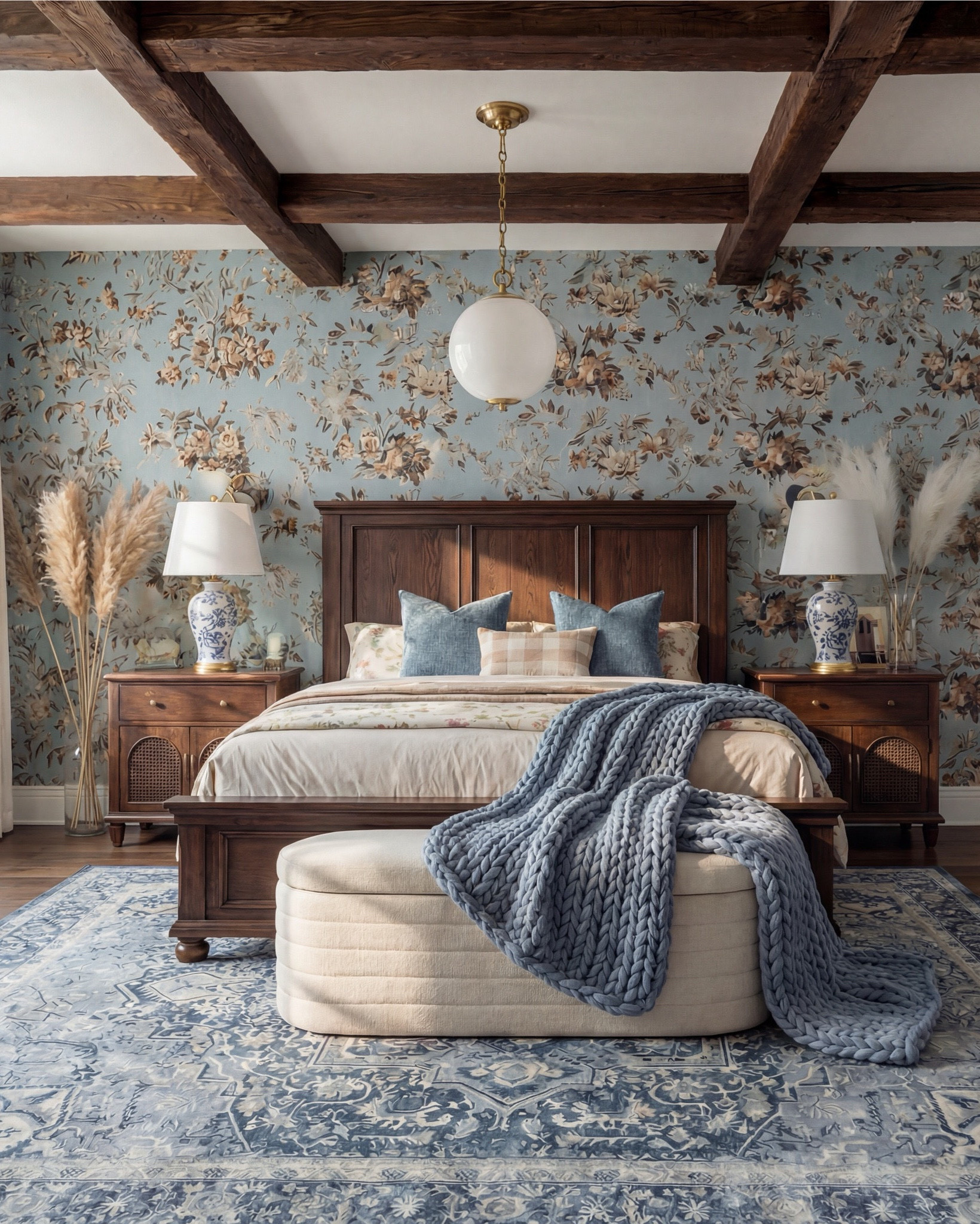 Bedroom Refresh : Shop The Look.
This bedroom is giving cozy vintage charm with a dreamy blue twist. The floral wallpaper sets the entire mood—soft, nostalgic, and full of that storybook warmth that instantly makes a space feel lived-in and loved. The dark wood bed adds richness, grounding the palette with a timeless, heirloom feel.

The blue accent pillows and that chunky knit throw tie the tones together so effortlessly. And the ceramic lamps with the blue chinoiserie pattern? They add the perfect touch of classic elegance. Even the pampas brings in a little softness and movement that makes the whole room feel airy.

The upholstered bench at the foot of the bed is such a luxe finishing touch—layered, textural, and functional. Combined with the blue patterned rug, everything flows in the most calming, cohesive way.

Shop the Look:
• Blue floral wallpaper
• Dark wood bed frame
• Chunky knit blue throw
• Blue patterned area rug
• Cream upholstered bench
• Blue + cream accent pillows
• Chinoiserie-style ceramic table lamps
• Pampas stems for softness
• White decor books
• Brown decor beads

#LTKsale #LTKhome #LTKstyletip