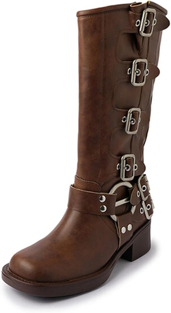 Goolita Metallic Rivet Belt Biker Boots Women Square Toe Chunky Heel Slip On Knee High Boots Vintage | Amazon (US)